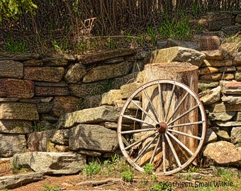 antique wagon wheel,rustic wagon wheel,old wagon wheel,wood wagon wheel,stone wall,unique gift,gift idea,wall art,home decor,Etsy find