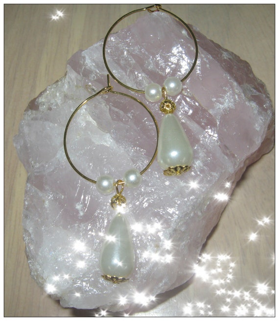 Beautiful Handmade Gold Hoop Earrings with White Pearls & Pearl Drop by IreneDesign2011
