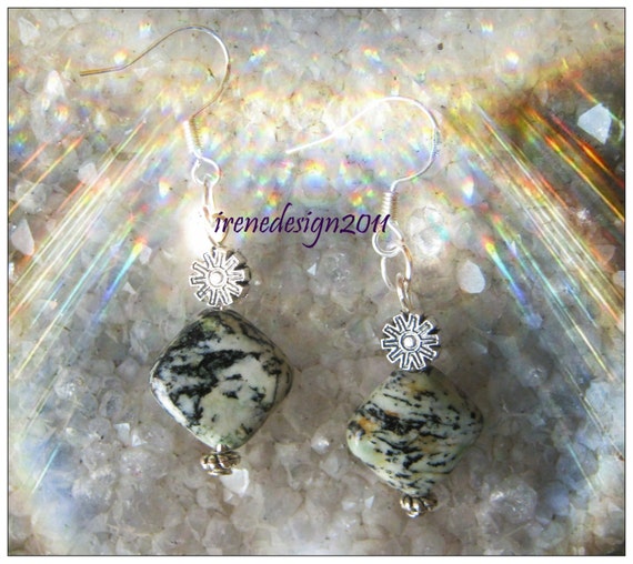 Handmade Silver Earrings with Square Agate & Flower by IreneDesign2011