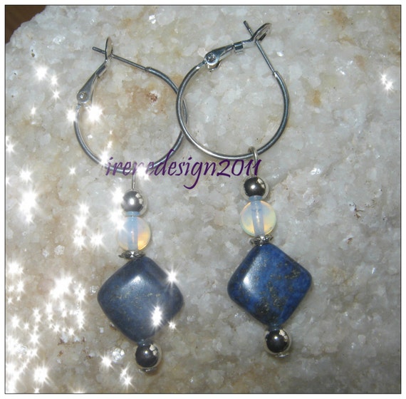 Beautiful Silver Hoop Drop Earrings with Lapis Lazuli & White Opal by IreneDesign2011