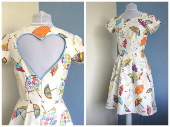 Umbrella print shift dress with cut out heart back detail