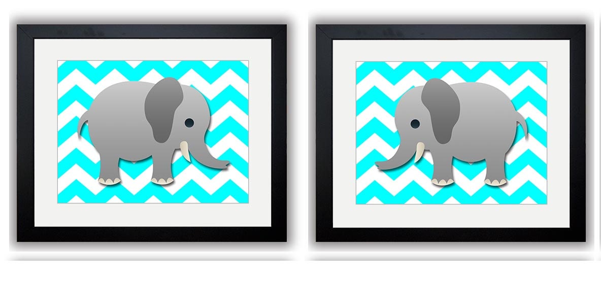 Elephant Nursery Art Nursery Print Set of 2 Elephants Bright Blue Aqua Chevron Grey Child Prints Boy