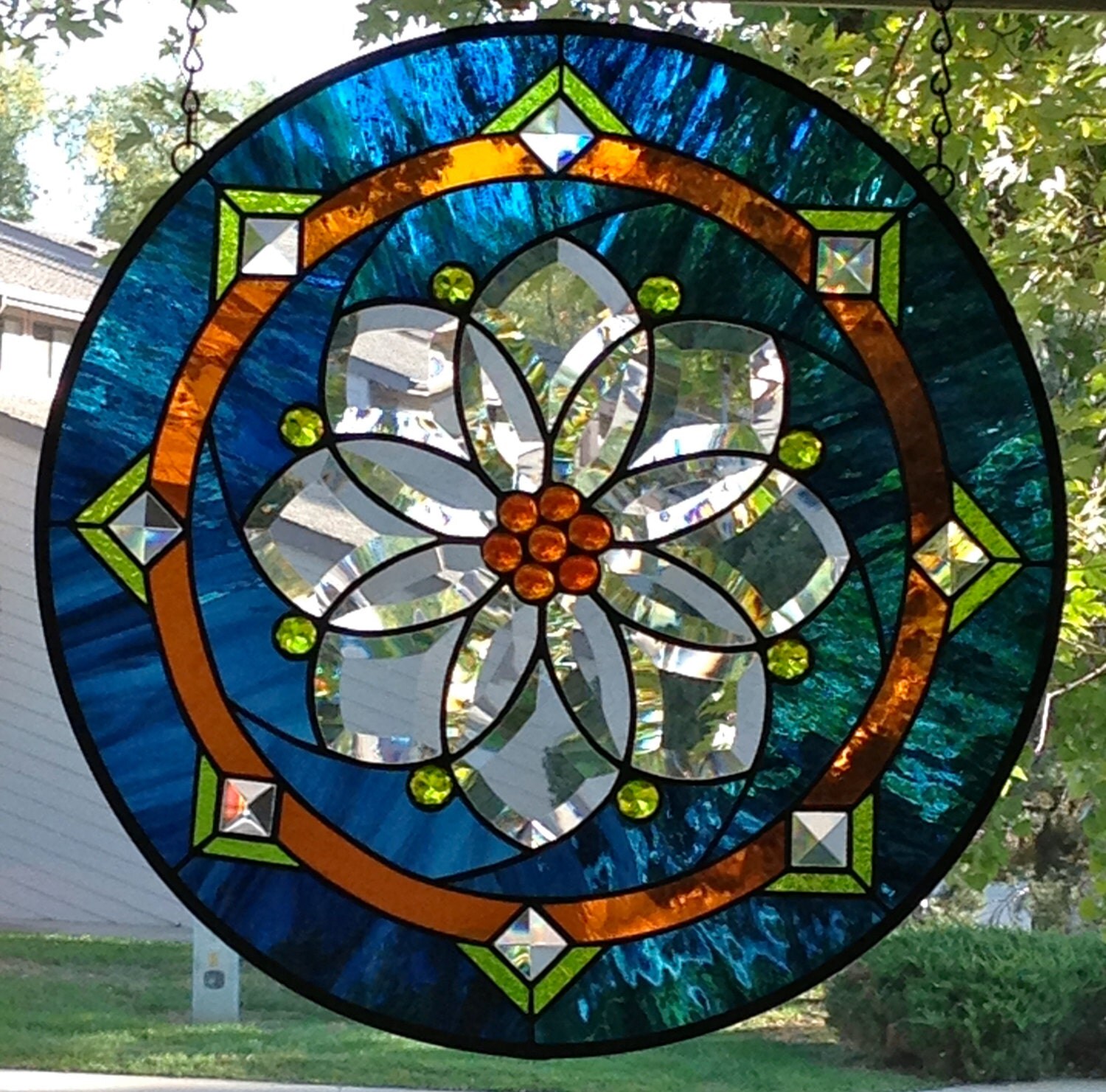 Round Stained Glass Window Panel With Flower Bevel