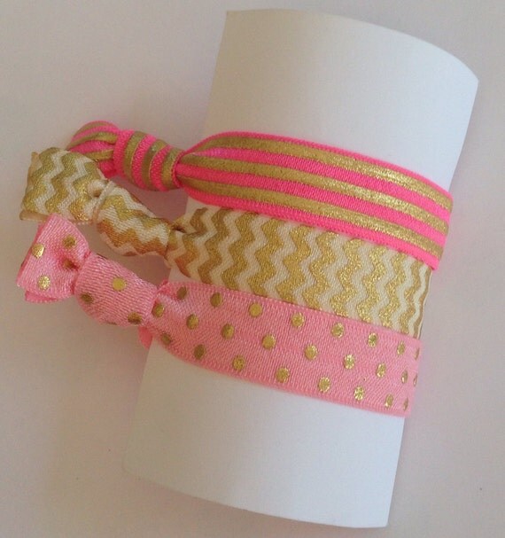 Pink and Gold Metallic Elastic Hair Ties by PinkSunshineSupplies