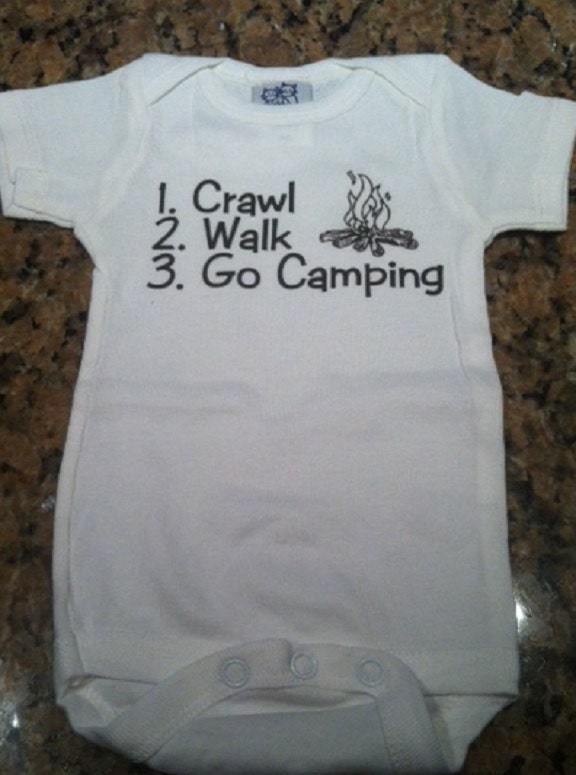 Crawl Walk Go Camping / fire newborn infant baby one piece snapsuit outfit, you choose color and size!