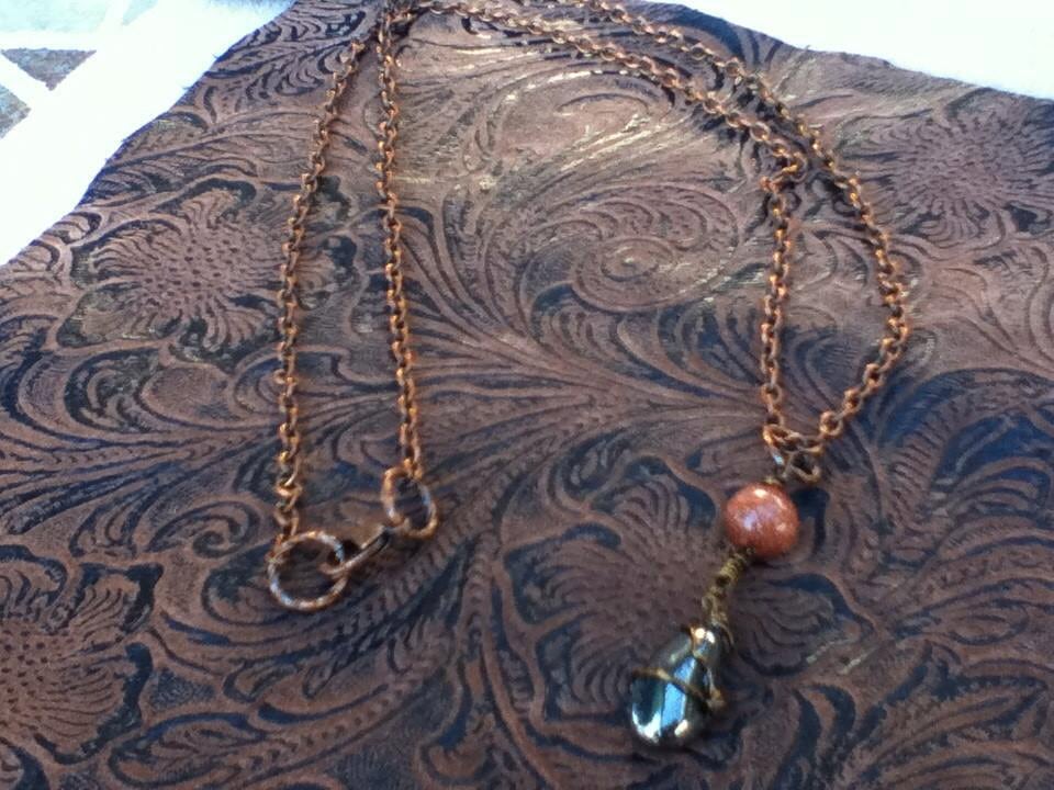 Dragon's Blood - Stunning Steampunk style handmade necklace with Copper chain, Wire wrapped brass pendant, Sparkling Bead/Hematite