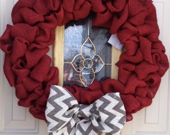 Red burlap bubble wreath with chevron bow