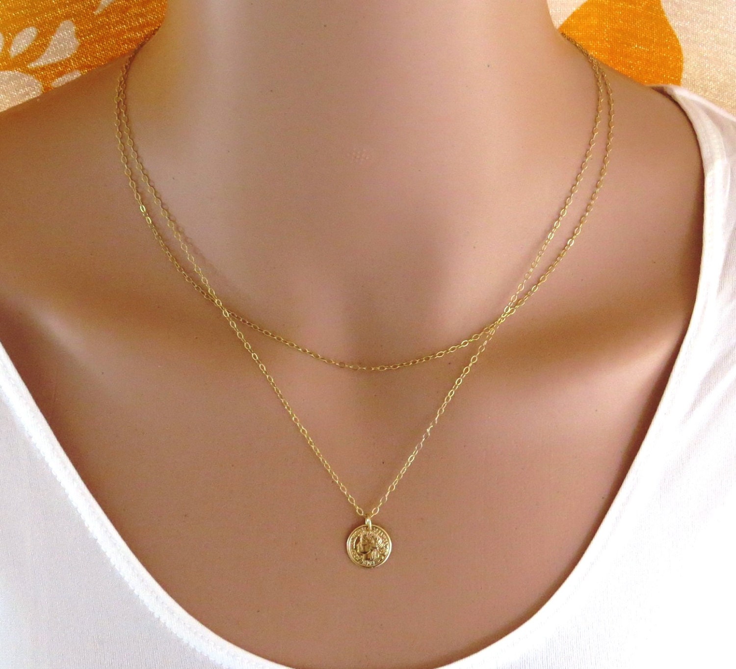 Double layered coin necklace gold coin necklace gold disc