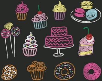 Digital Chalkboard Clipart, Bakery Clip Art, Cupcake Clipart, Cake Clip Art, Food Doodles, Macarons, Donuts, Cake Pops, Chalk Drawings
