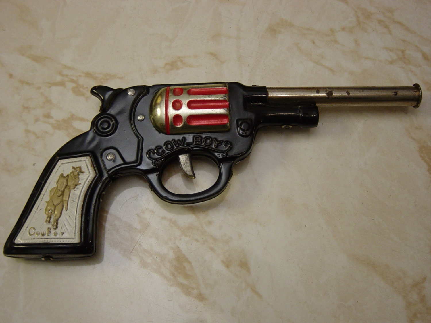 1950's Cowboy CORK pop GUN toy PISTOL Tin