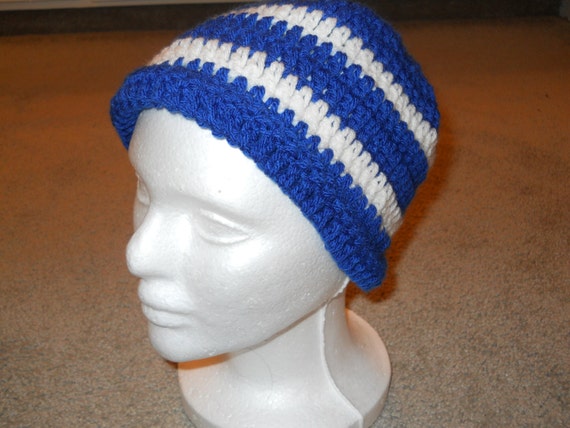 Crocheted Royal Blue & White Teen/Adult Beanie/Stocking Cap