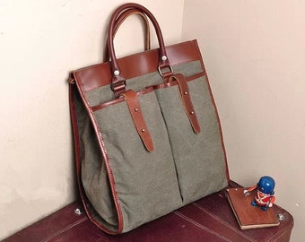 Army green Leather bag Genuine leather canvas bag/ Men's leather ...