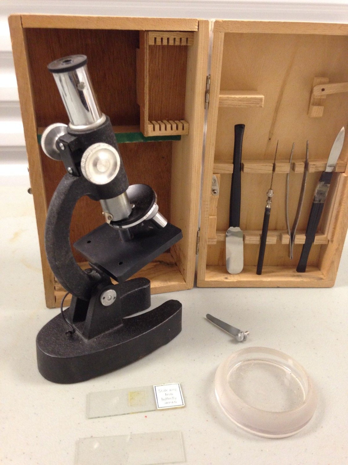 Vintage Stellar Microscope Set with Tools and Slides in