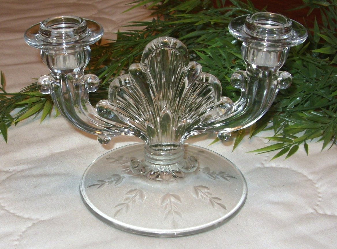 Glass Double Candle Holder Vintage 1940s Candlestick Holder