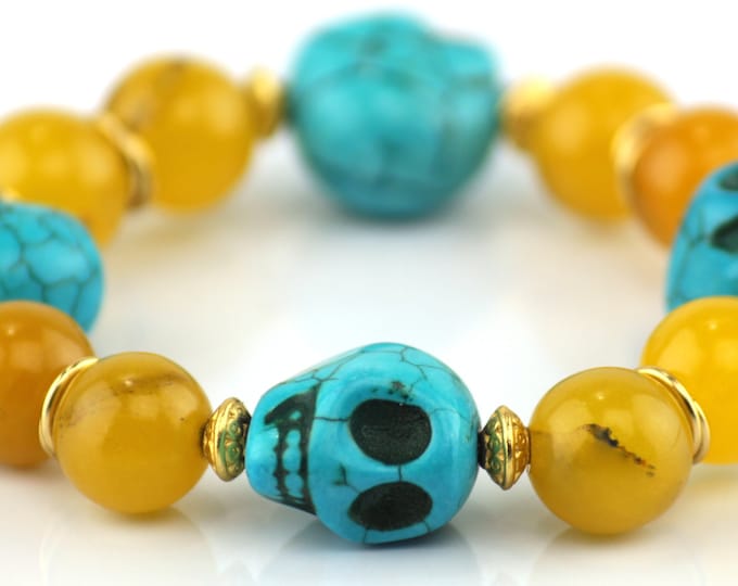 Yellow Quartz, Turquoise Magnesite Skull Bracelet, Stone Charm Bracelet, Stone Stretch Bracelet, Artisan Bracelet, Stretch Bracelet