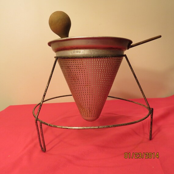 Vintage Industrial Metal Colander with Stand & Wooden Pestle