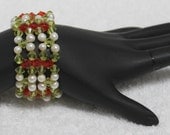 BR14 Freshwater Pearl Red and Lime Green Crystal Weave Streachy Bracelet