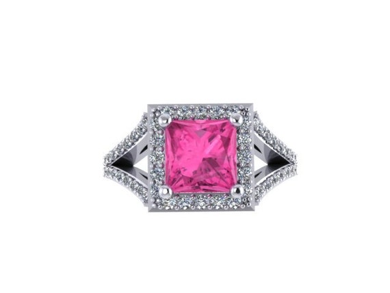Pink Sapphire Engagement Ring Princess Cut Diamond Engagement Ring 14K ...