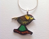 Bird necklace, illustrated bird pendant, Firecrest bird necklace, bird jewellery.