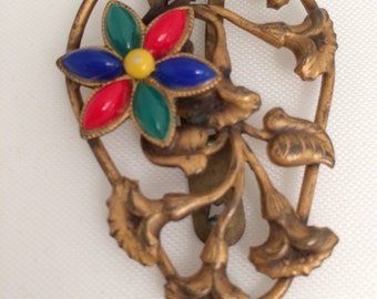 Antique Art Nouveau Dress Clip Brass Multi Color Glass Flower lovely condition.