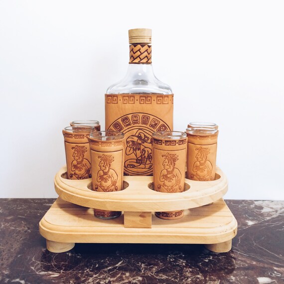 Vintage Leather Wrapped Decanter Bar Set with by PrimaTreasures