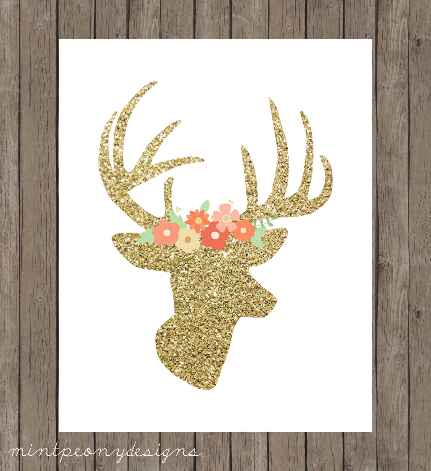 Gold glitter deer head with floral crown. 8x10 digital