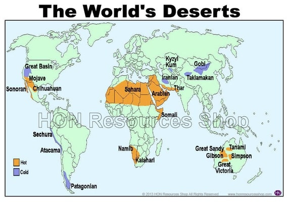 World Hot and Cold Deserts Map Printable by HONResourcesShop