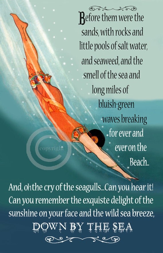 Art Deco Beach Print Girl diving in sea Ocean waves Vintage