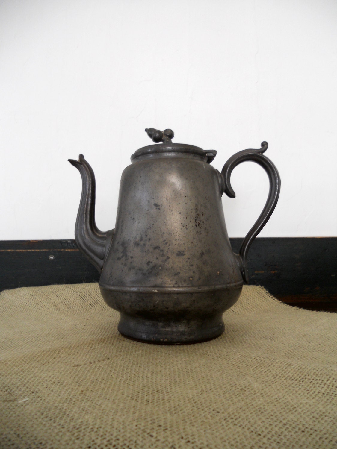 SALE Antique Pewter Teapot w Acorn Finial made by TD & S