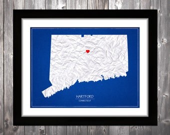 Connecticut State Map with Heart, Blueprint Effect, Digital Art, Print ...