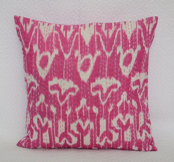 Pink Ikat Pillow Cotton Kantha Pillow Indian by HandicraftsPalace