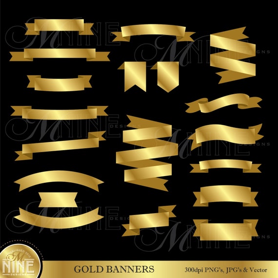 GOLD RIBBON BANNERS Digital Clipart Design Elements Instant