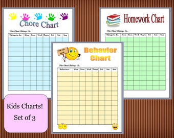 Set of 3 Kids Charts Chore Chart, Homework Chart, Behavior Chart ...