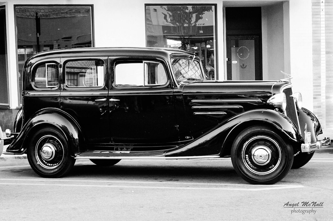 Black and white antique old car 1930's Chevy Sedan