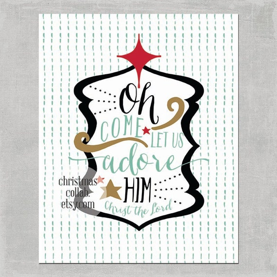 Oh Come Let Us Adore Him in Mint & Red - Christmas Holiday Art Print Home Decor 8x10