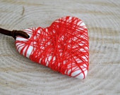 Ceramic White Heart Pendant with red silk thread. Made To Order