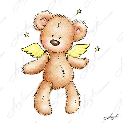 The drawing of cute teddy bear with wings and stars. Printable