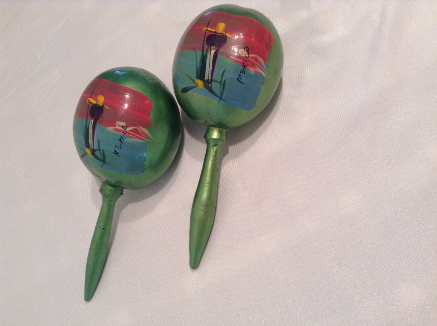 Vintage Mexico Maraca Rattles Dried Gourds Hand Painted Wood