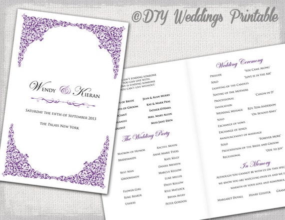 Wedding program template purple printable order of ceremony