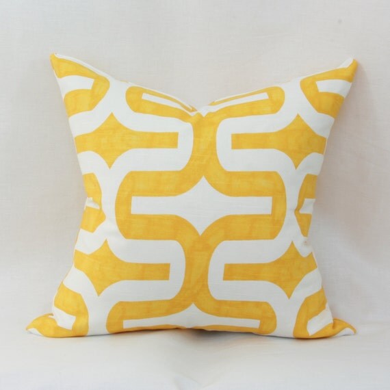 Items similar to Yellow & white decorative throw pillow cover. 18" x 18