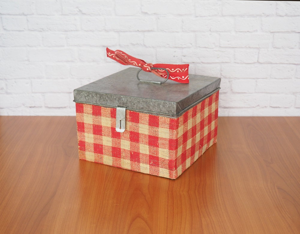 Vintage Metal Storage Box With Hinged Lid And Red Gingham Fabric Wrap