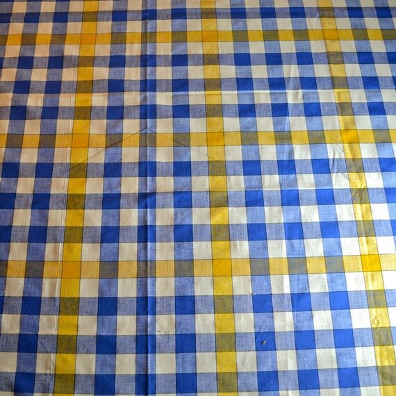 Blue Yellow Check Plaid Cotton Fabric Remnant by FeltersCottage