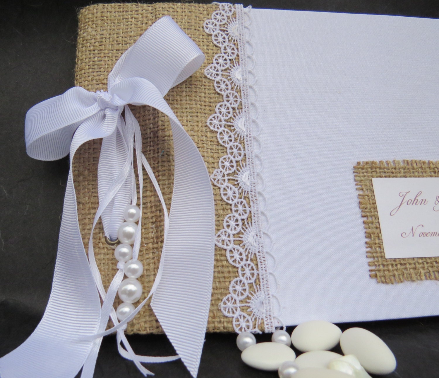 Vintage guestbook Lace burlap and linen fabric Rustic guest