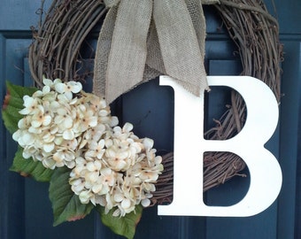 HYDRANGEA Wreath, Creamy White Hydrangeas with Double Burlap Bow, Everyday Wreath