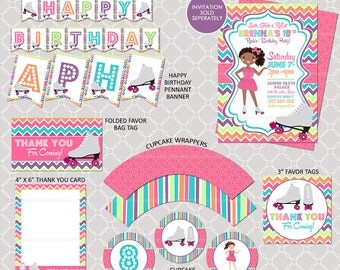 Roller Skating Party Invitation Bundle - Skating Birthday Party - Girls skating printable - Banner, Favor Tags, Thank You Cards, Cupcake Tag