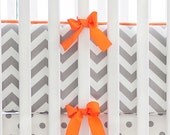 Gray Chevron Unisex Crib Bumper with Orange Trim