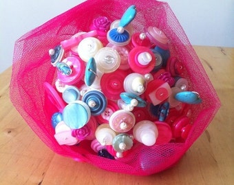 Button Bouquet - Cerise and Turquoise