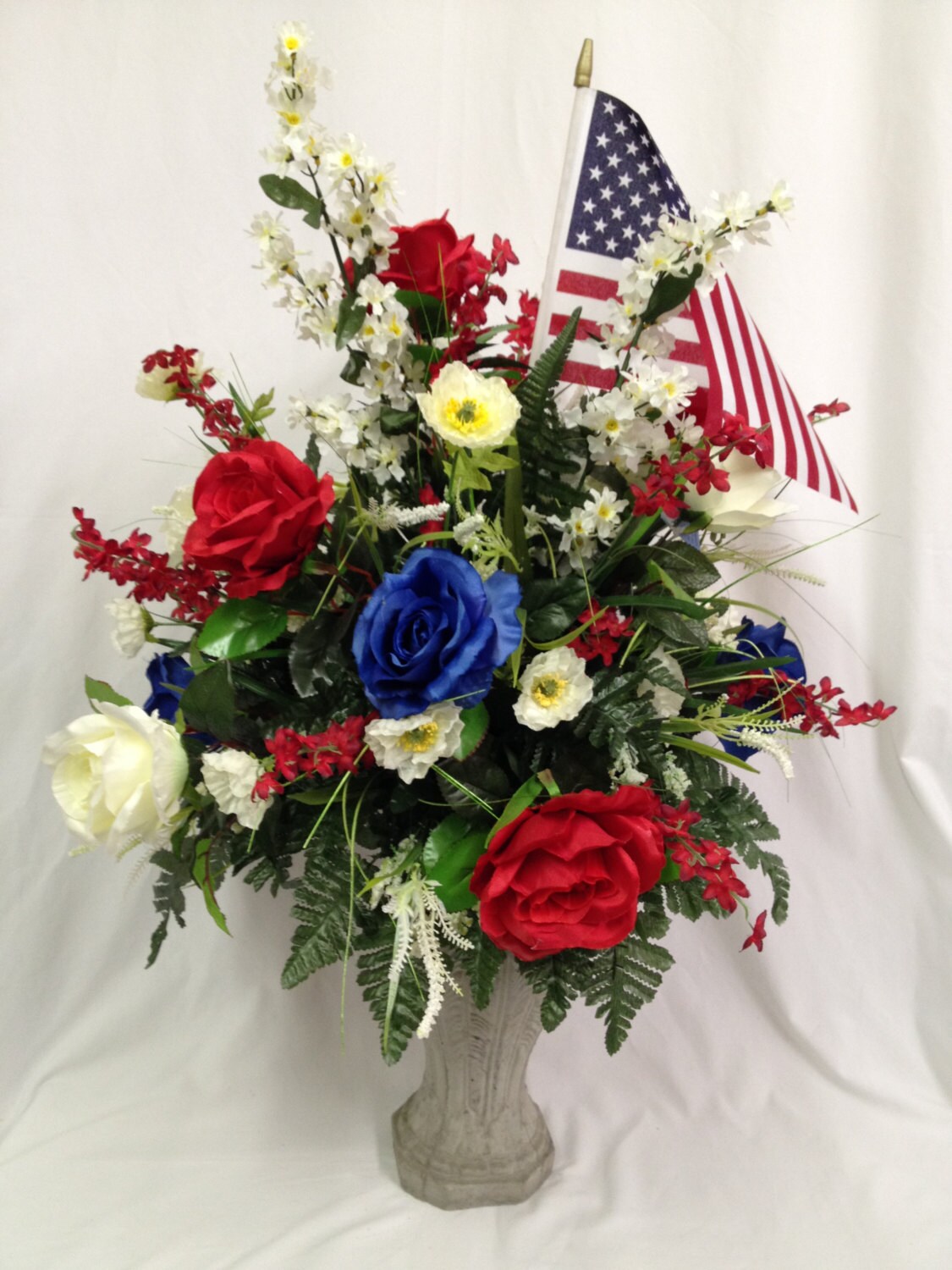 Memorial Day Cemetery Vase Red White and Blue Roses with flags