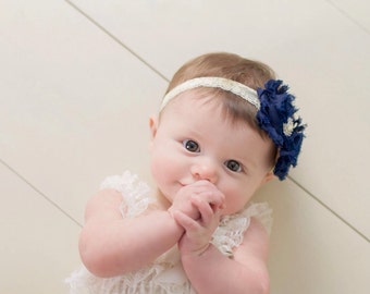 Navy Blue Shabby Flower & Ivory Lace Headband, Baby Headband, Toddler Headband, Girls Headband