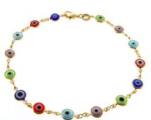 Silver Plated Double Layered Evil Eye Anklet – Multi-Colored Boho Foot Chain Ankle Bracelet For Women